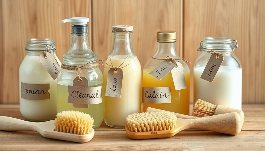 Assorted homemade cleaning products in glass jars on a wooden surface.