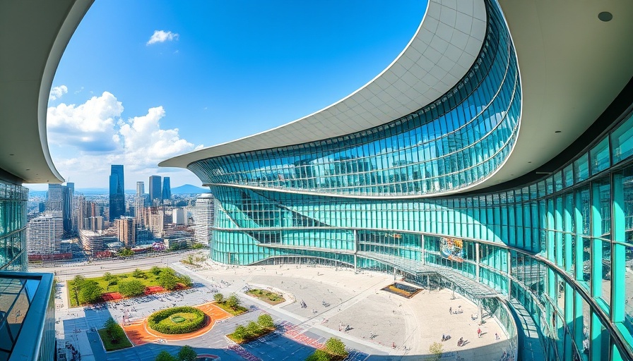 Modern Eye Valley Convention Center with city skyline background.