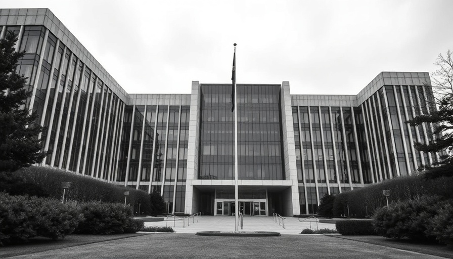 Cold War architecture in a monumental modernist building with angular lines.