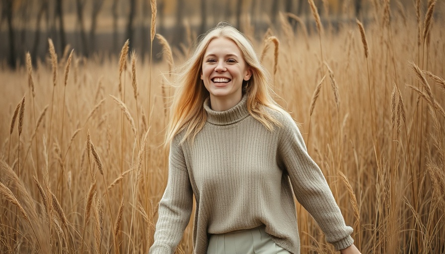 Woman in purple outfit walking through golden grass, autumn setting.