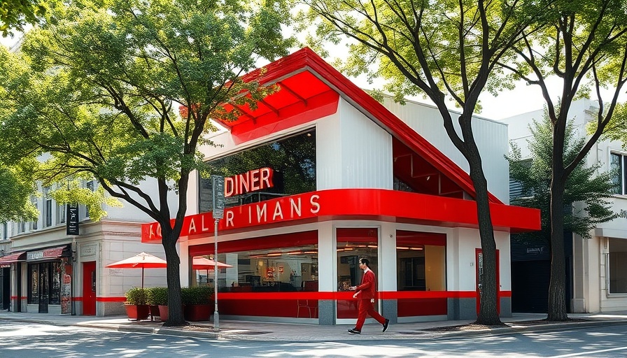 Modern diner Just Loaf exterior with bold design and pedestrian.