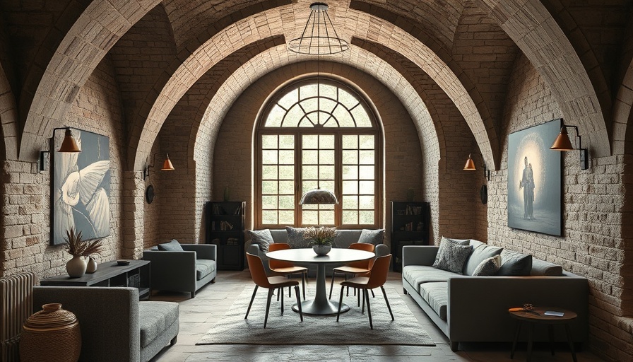 Modern medieval guard house interior with arches and cozy sofa.