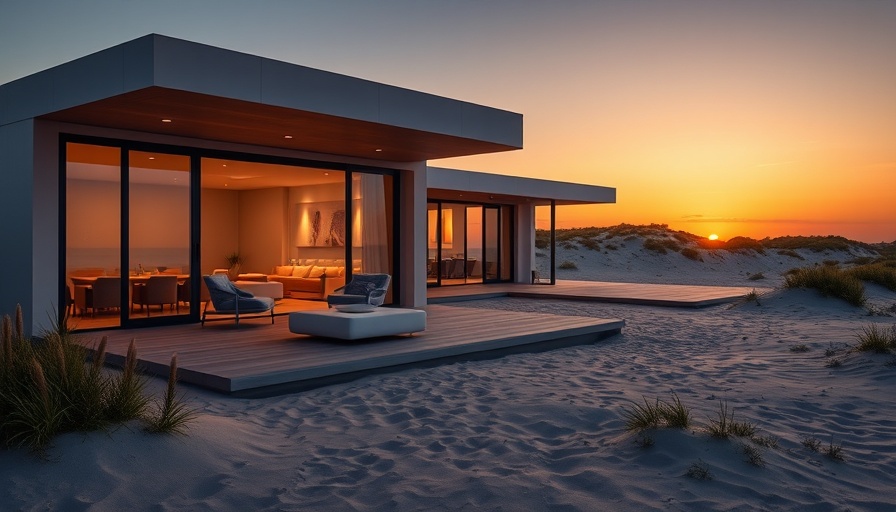 Modern beach house at sunset, House Azure, serene coastal view.