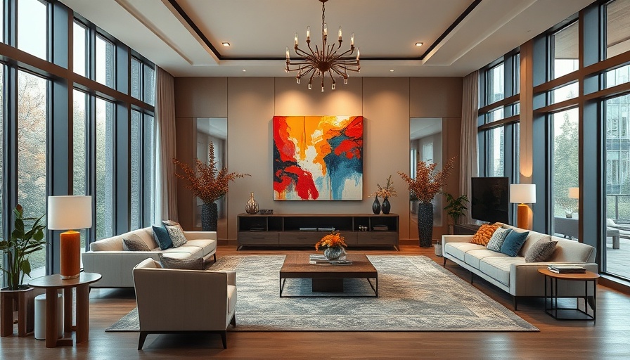 Contemporary artistic living space with abstract art and modern furniture.