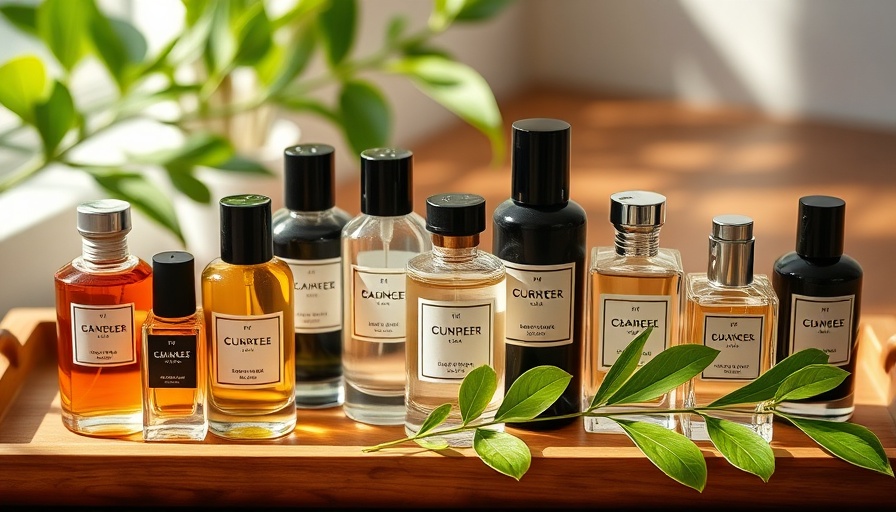 Variety of non-toxic perfumes on wooden tray with green leaves.