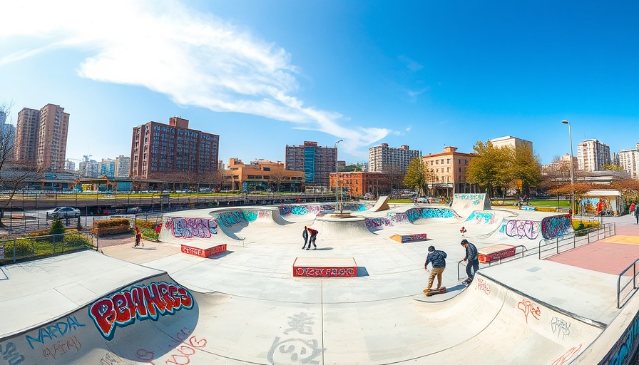 Qingdao skatepark with ramps and skaters under clear sky.