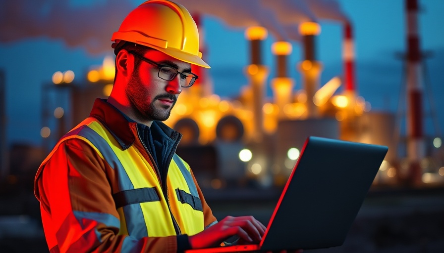 Skilled trades worker using laptop at power plant during dusk.