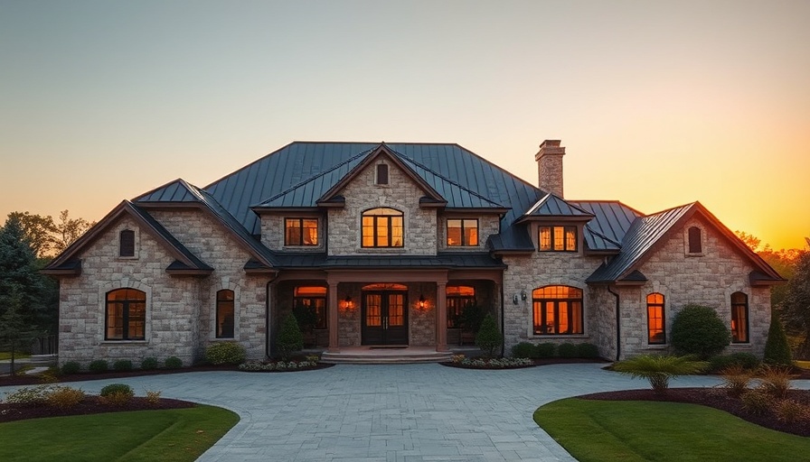 Luxury home with DECRA metal roofing at sunset