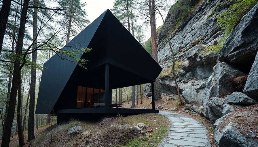 Modern Drop-Stop Pavilion amid forest setting and rocky backdrop.