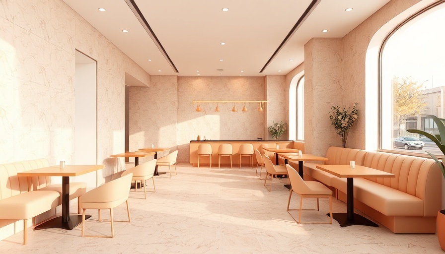 Modern cafe with pastel terrazzo tiles and peach decor.