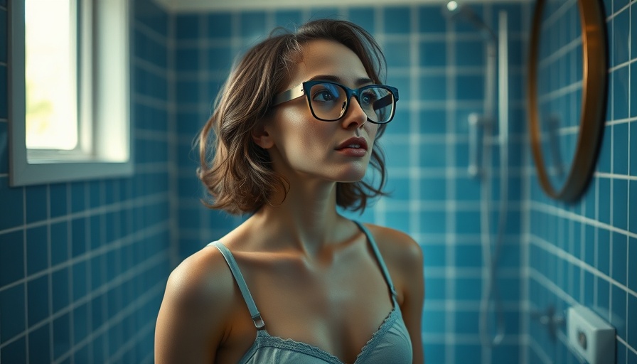 Mid-adult woman in sustainable bra against blue-tiled background