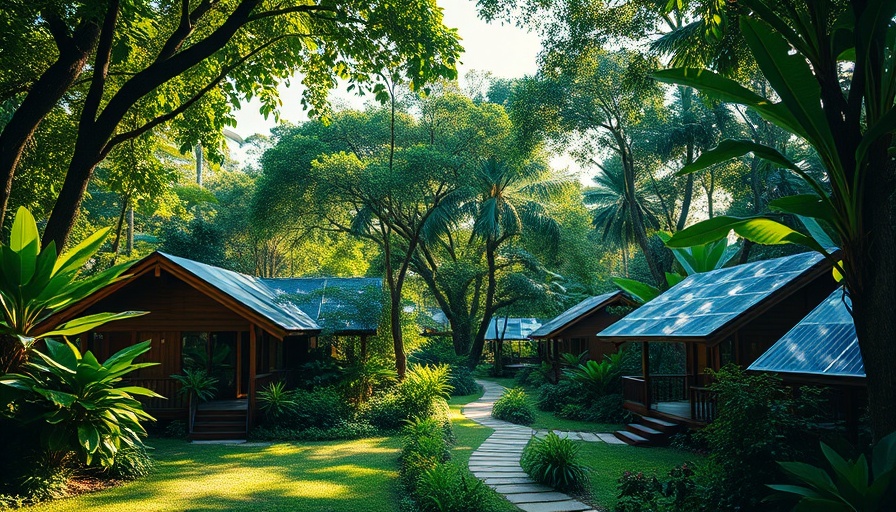 Sustainable summer retreat in Brazil with lush green surroundings and eco-friendly structures.