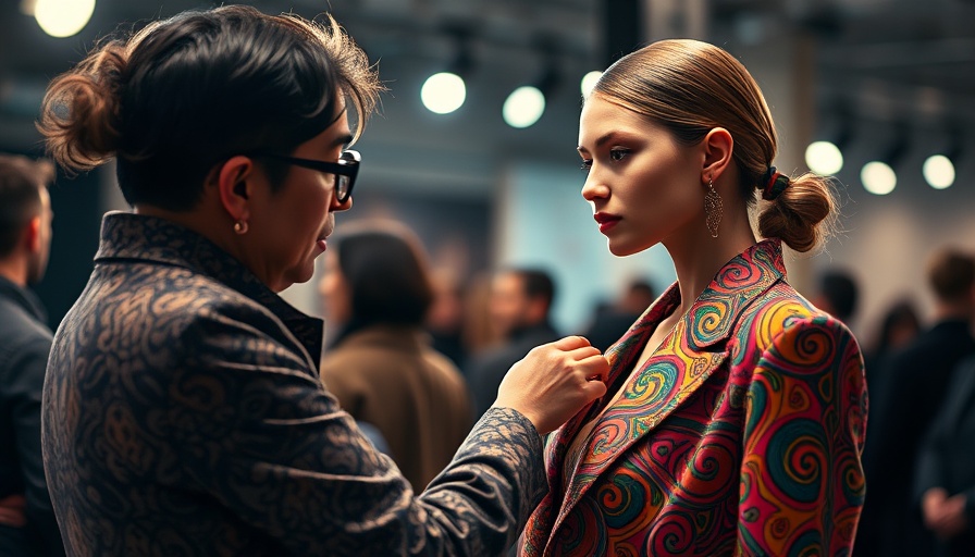 Fashion stylist adjusts model's outfit backstage in vibrant setting, showcasing Luxury Fashion Sustainability.