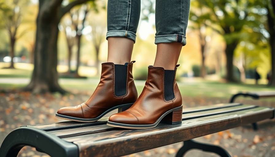 Person wearing ethical brown boots on park bench, surrounded by nature.