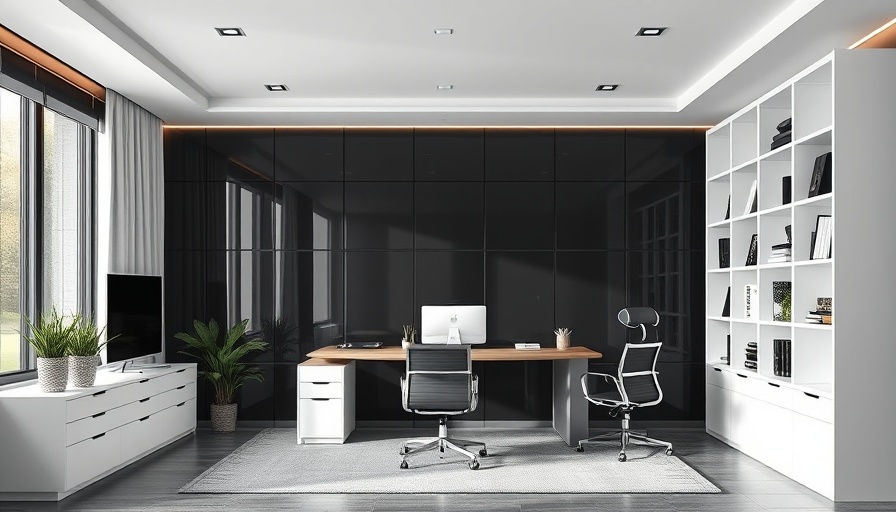 Modern home office design transformation with sleek black wall panels.