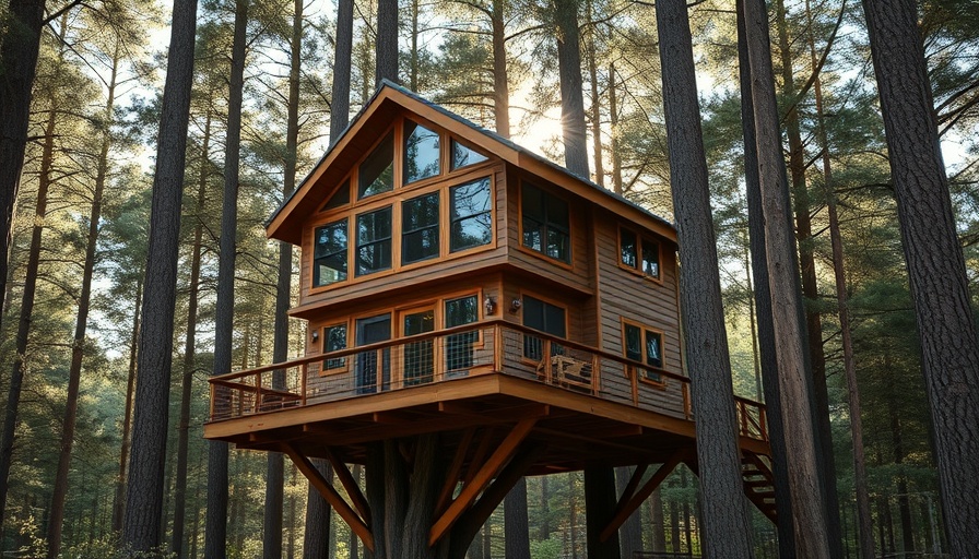 Elevated treehouse design nestled amidst tall trees with modern features.