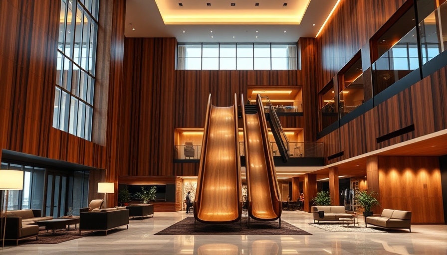 Luxurious modern lobby with glass guardrails and wooden slide.