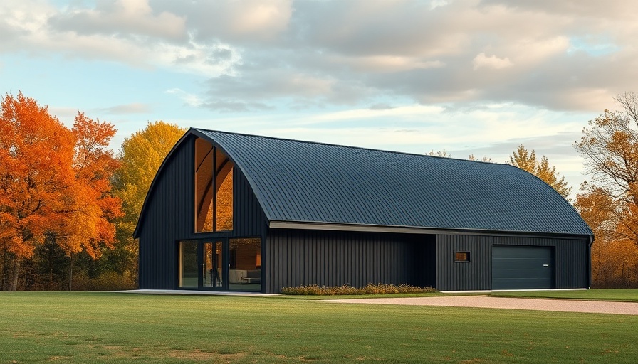 Modern Dutch barn home design with black exterior and arched roof.