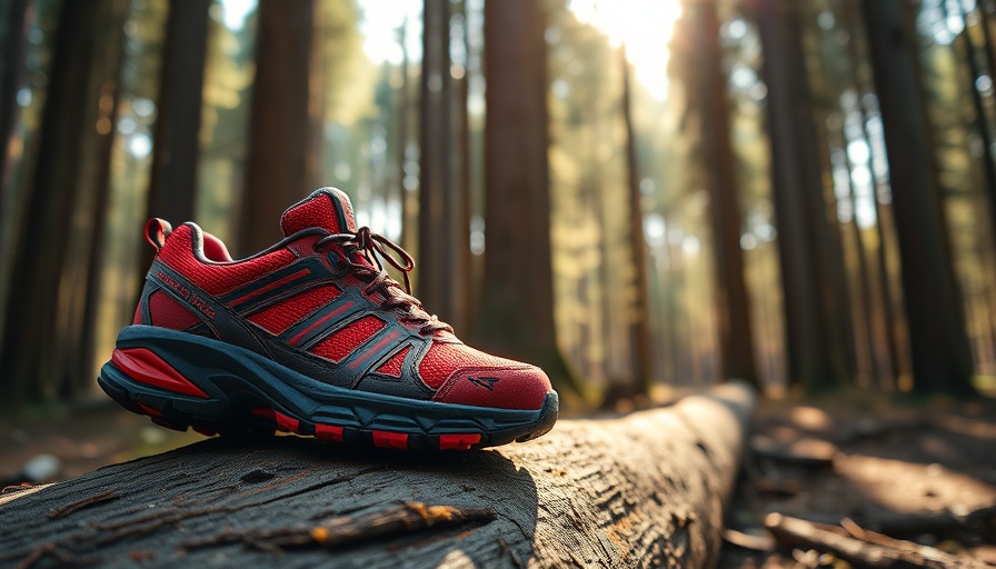 Sustainable running shoes on a log in forest setting.