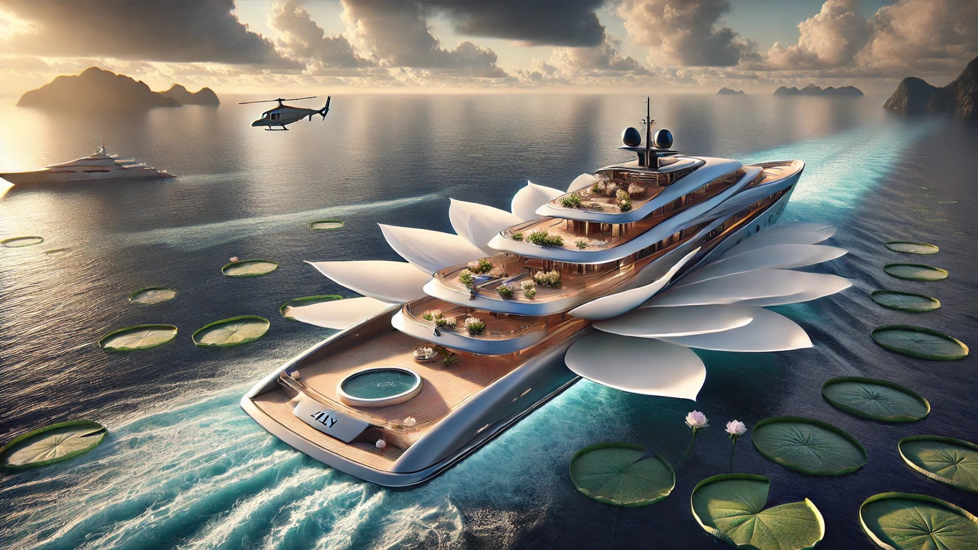 illustration of Yacht Lily, showcasing its elegant, petal-inspired design and seamless fusion of luxury, nature, and sustainability