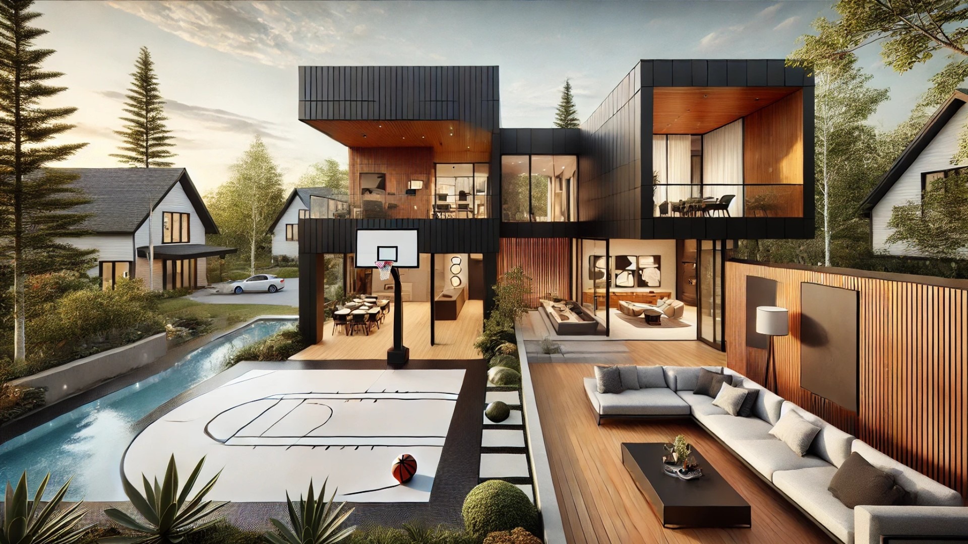 sleek modern design, indoor basketball court, and seamless indoor-outdoor living