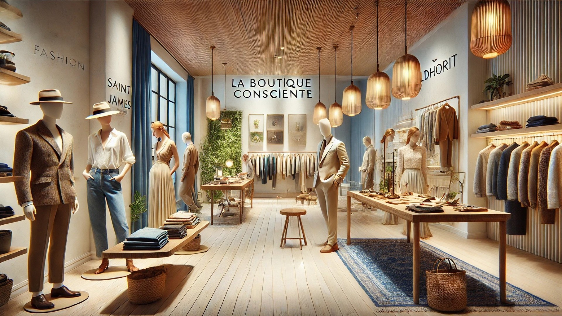 capturing the essence of "La Boutique Consciente," showcasing sustainable luxury fashion in an elegant retail setting