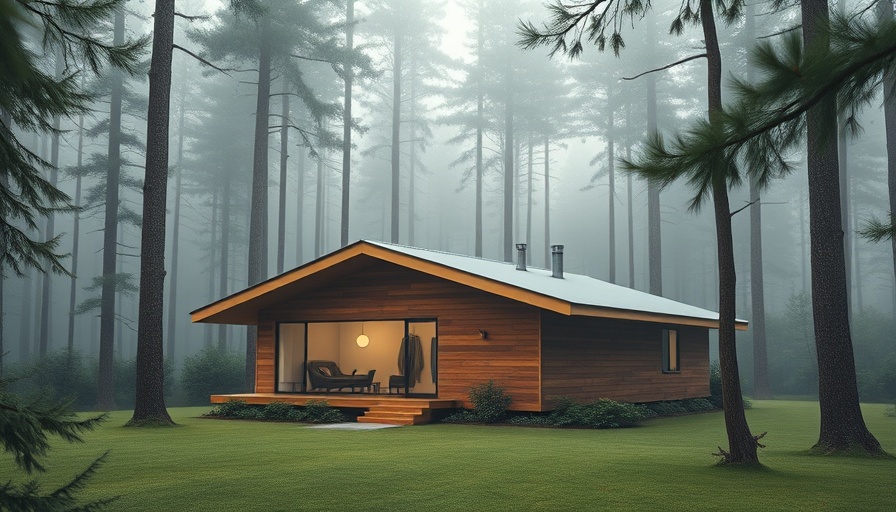 Modern Swedish Forest Home Clad in Larch Panels in misty environment.