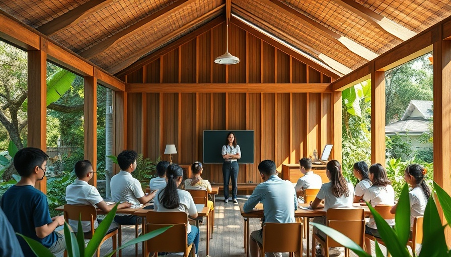 Children learning in indoor-outdoor school space in wooden pavilion.