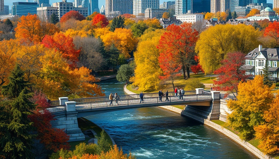 Scenic view of Somes River Park with autumn colors and bridge.