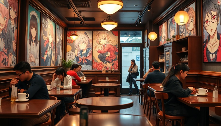 Anime-themed decor at OTAKU Café Abu Dhabi with patrons enjoying coffee.