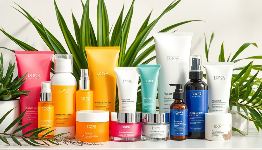 Natural Skincare Brands collection with vibrant packaging and green plants.