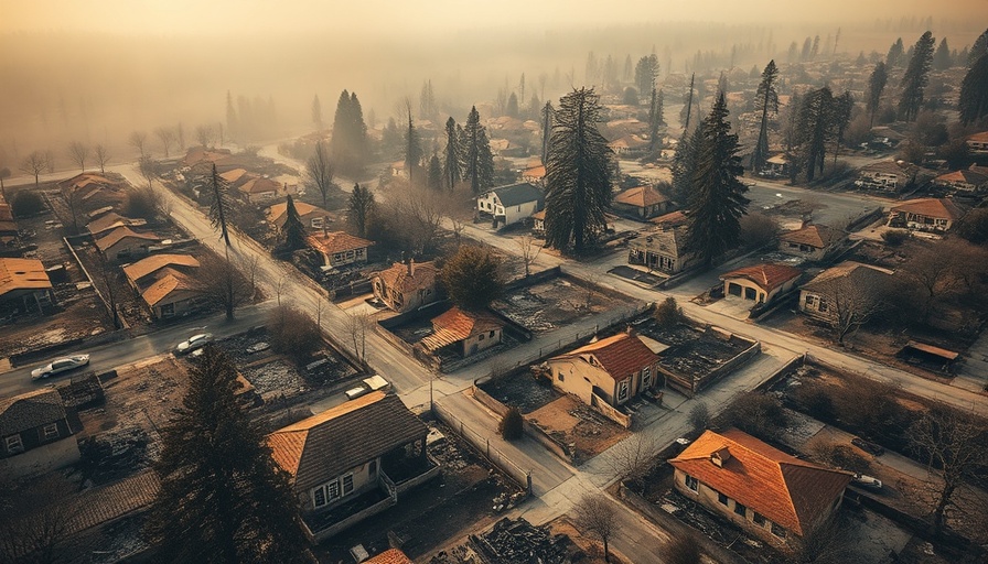 Aerial view of fire-damaged area illustrating need for fire-resistant roofs.