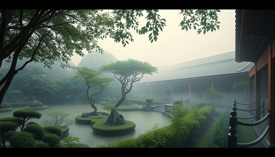 Beijing Xitan Hotel Landscape Design in a misty zen garden setting.