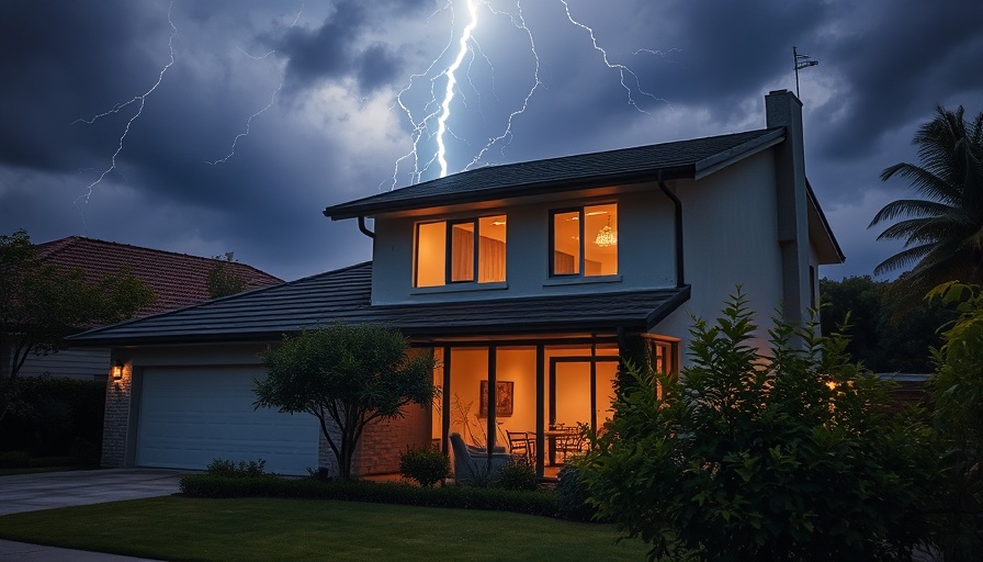 Suburban house under stormy sky with lightning, roof vulnerability highlighted.