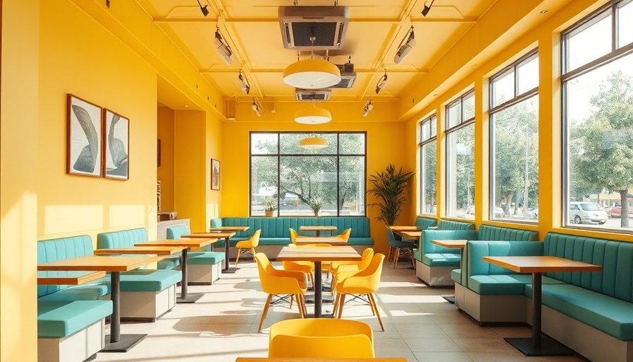 Yellow interior cafe design with bright seating and decor.