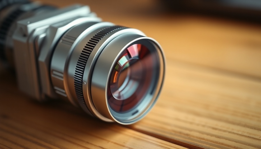 Close-up of a modular magnetic lens for smartphones on wooden table.