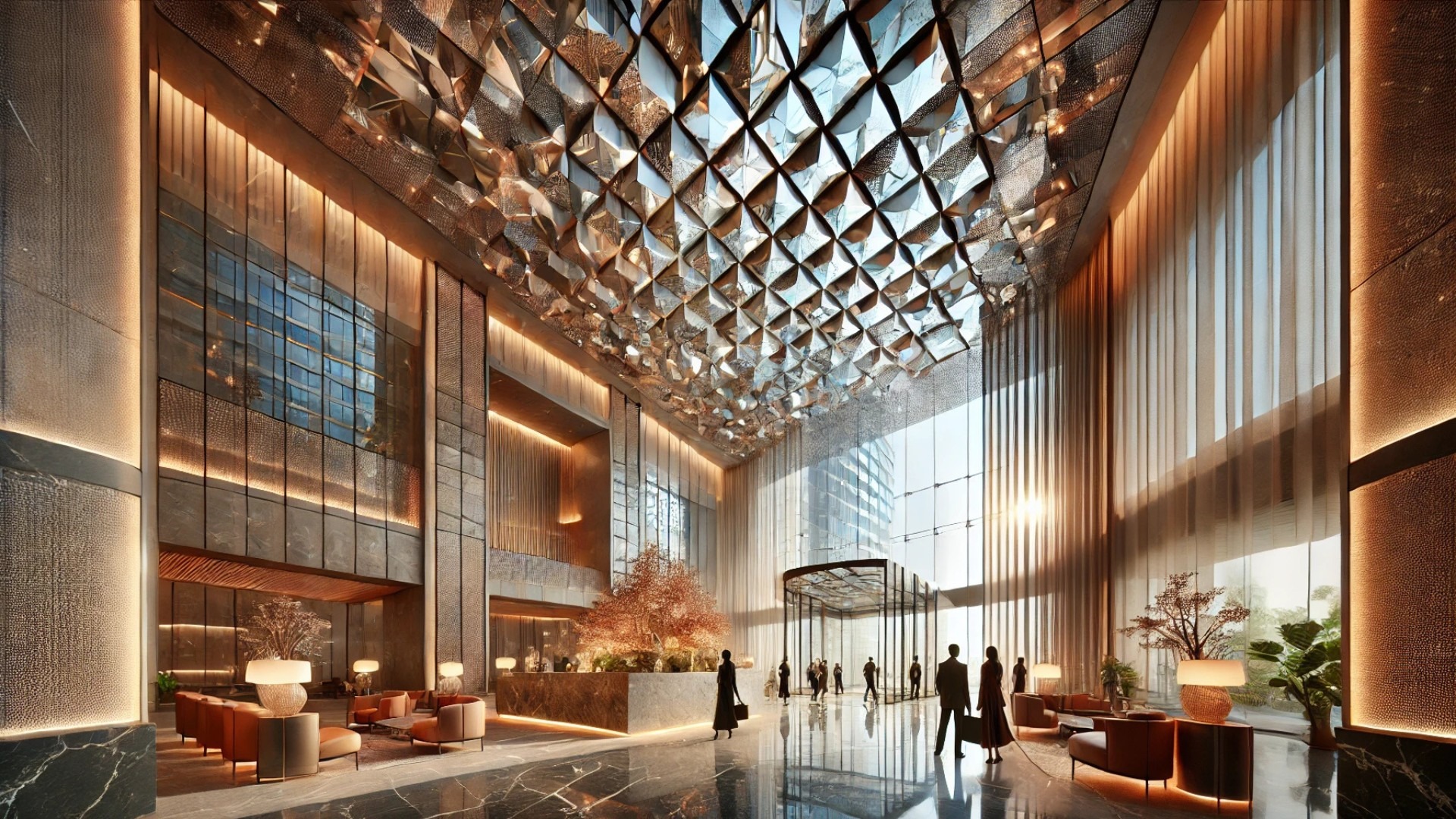 Parinee I Lobby Design with geometric mirrored ceiling.