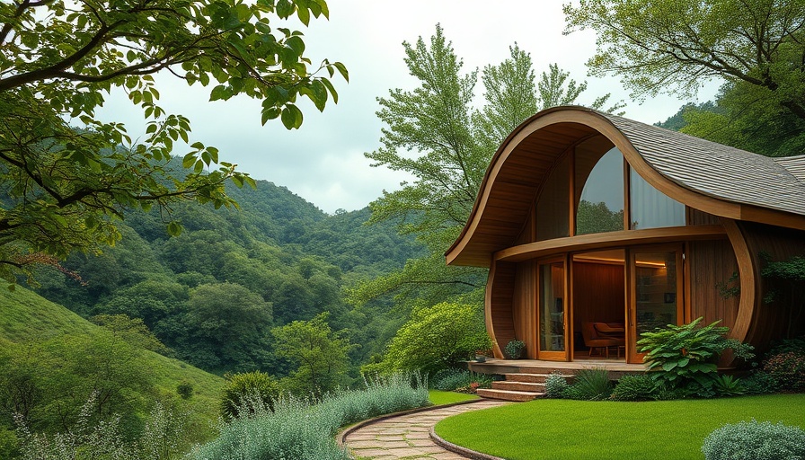 Fish Tail Tea Room with curvilinear design set in lush greenery.