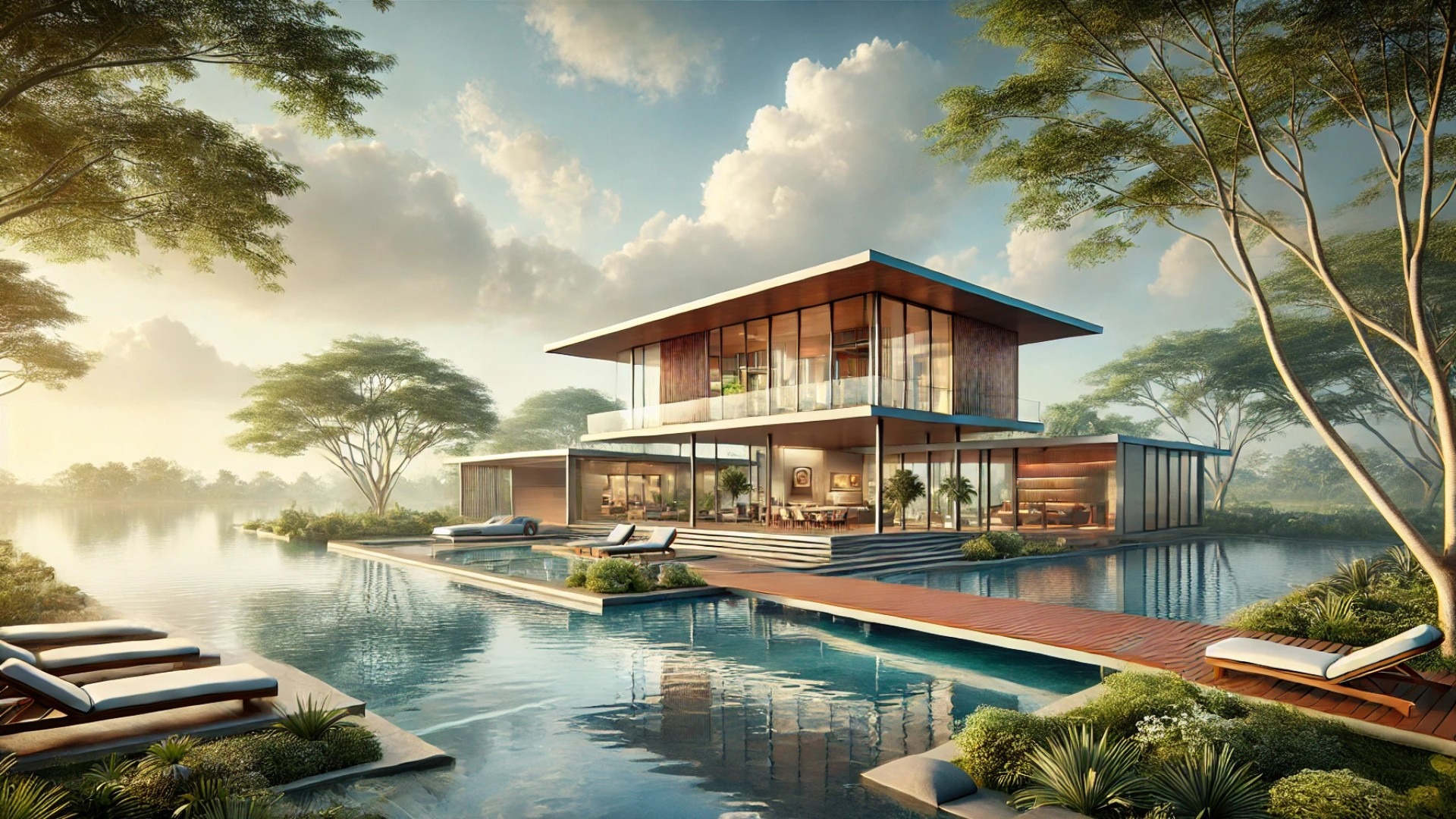 showcasing the Pavilion House in Nashik, India, highlighting its seamless connection to nature, modern design, and serene retreat-like ambiance