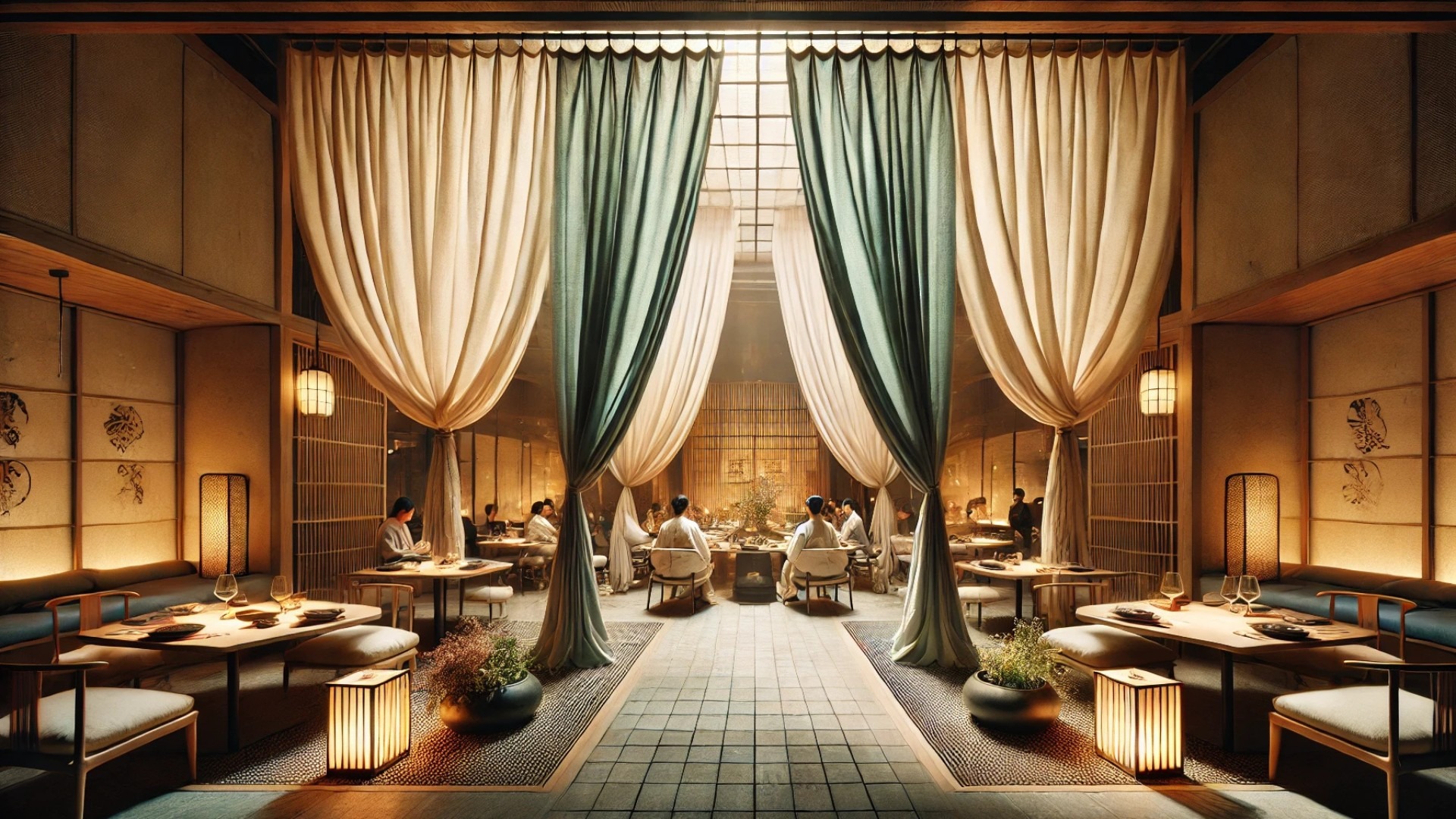 capturing the ambiance of Tokiwa Shokudo in Tokyo’s Bakurocho, blending traditional noren curtains with modern, atmospheric dining design