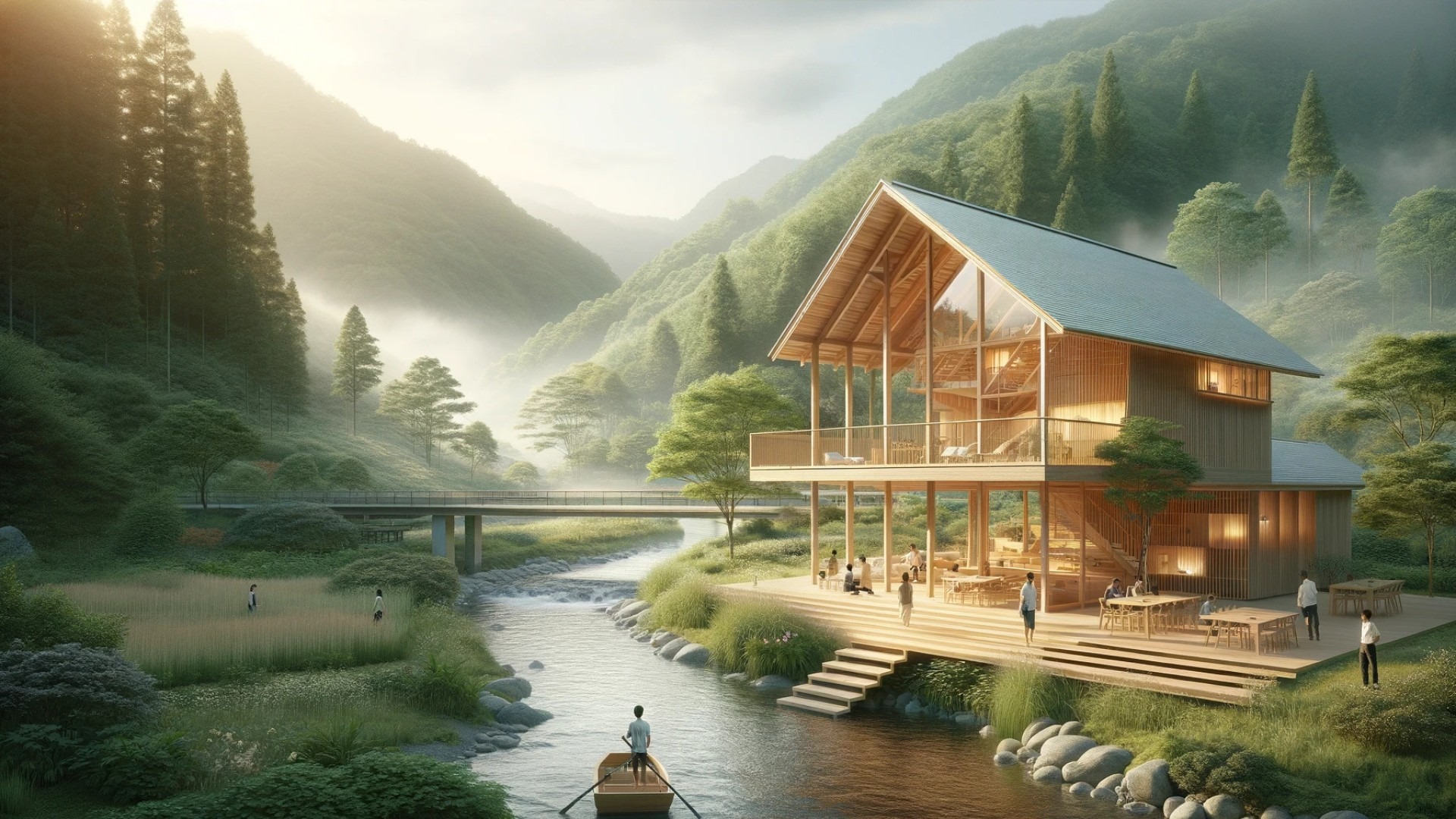 showcasing the Niyodo River Stud House in Kochi Prefecture, Japan, emphasizing its sustainable timber construction, serene landscape, and innovative architectural design by VUILD