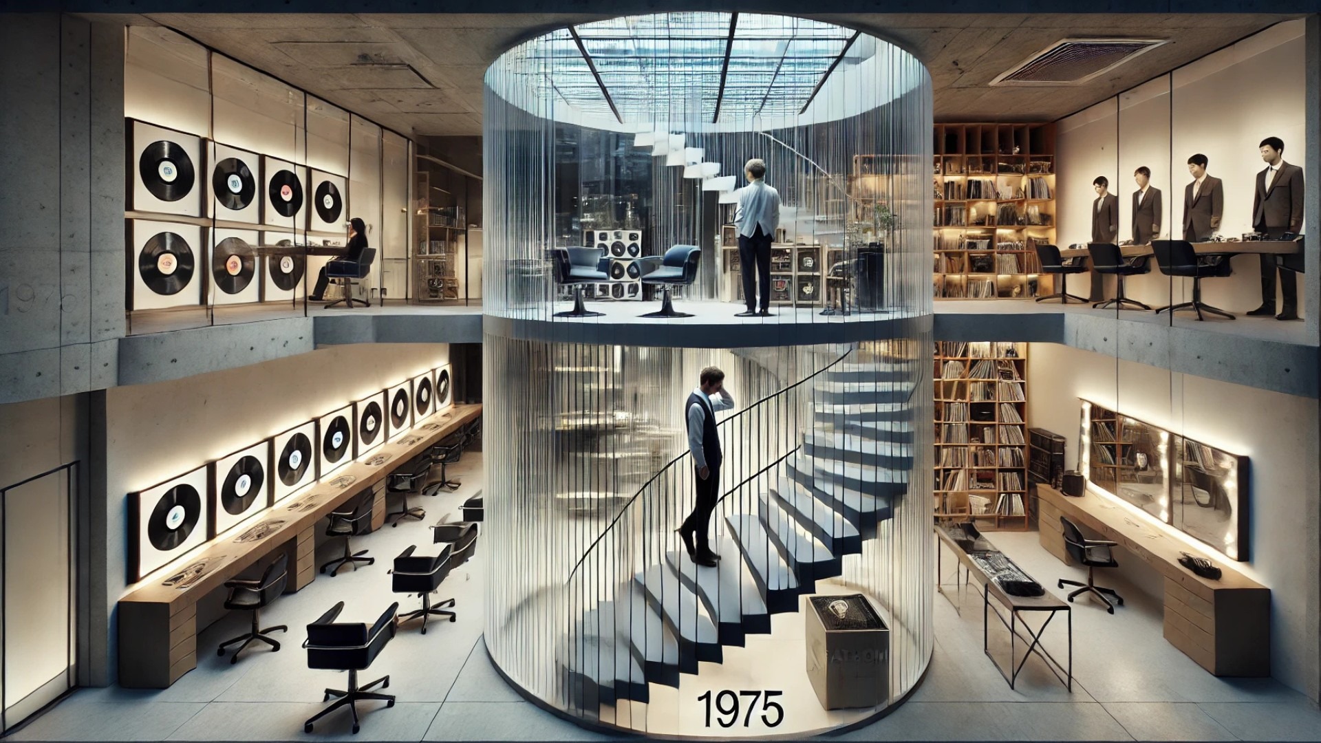 showcasing Hair Salon 1975 in Hiroshima, Japan, highlighting its minimalist design, transparent acrylic panels, and fusion of music culture with architecture