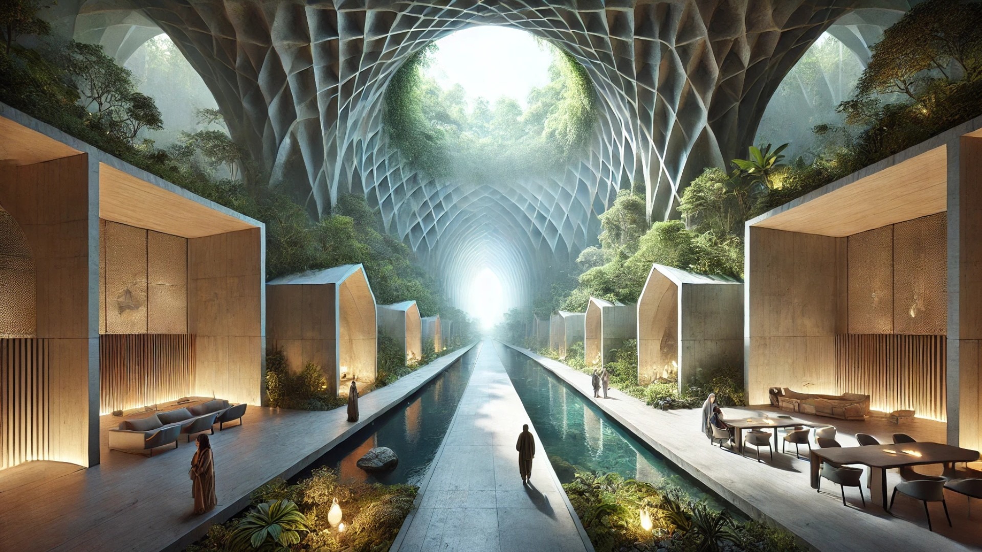 showcasing the Sanctuary Tunnel Garden in rural Indonesia, designed by RAD+ar, blending spirituality, modernist architecture, and nature in a serene retreat