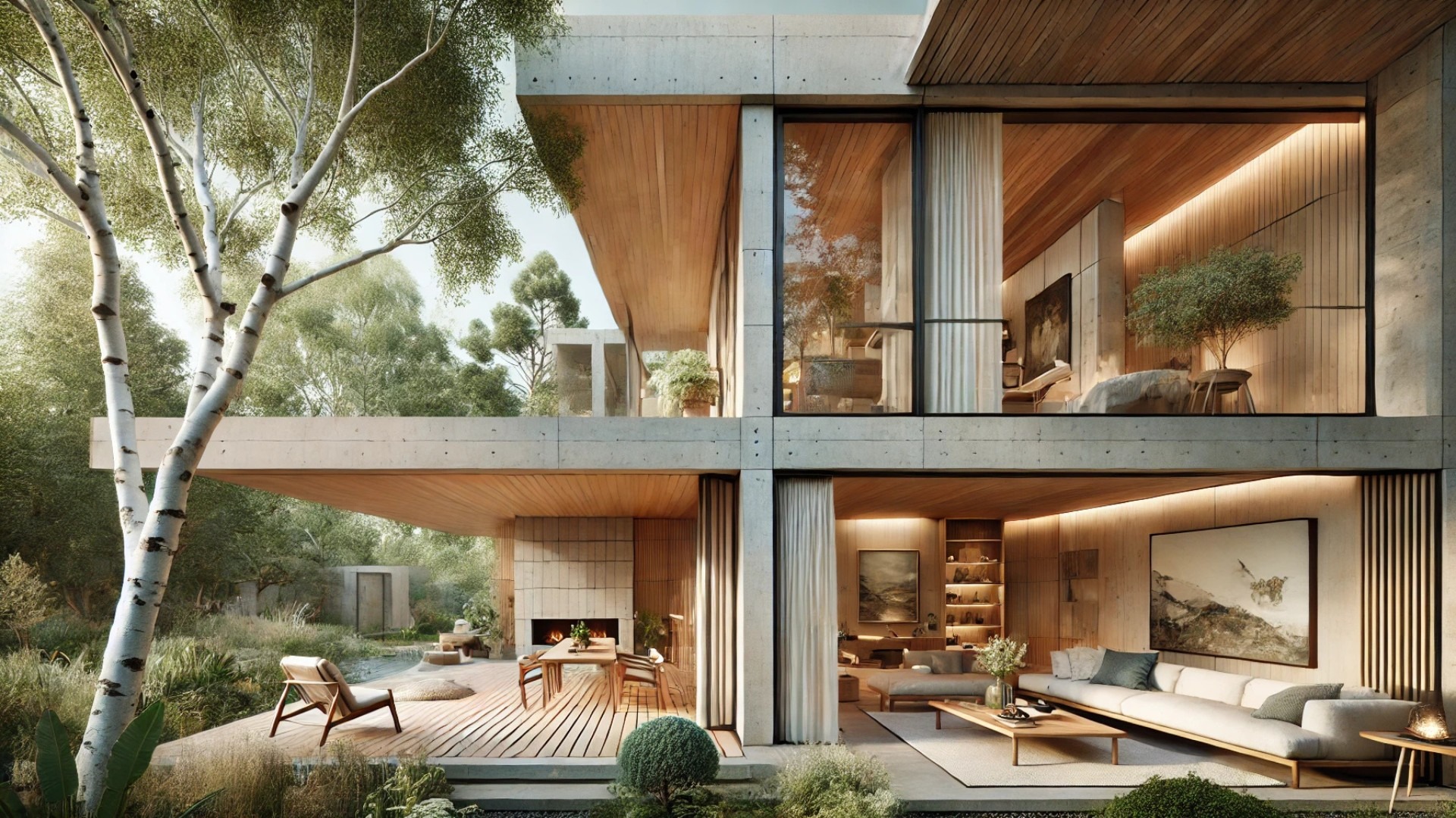 capturing the essence of a modern dwelling home, blending historic traditions with contemporary design, emphasizing nature, sustainability, and human-centered architecture