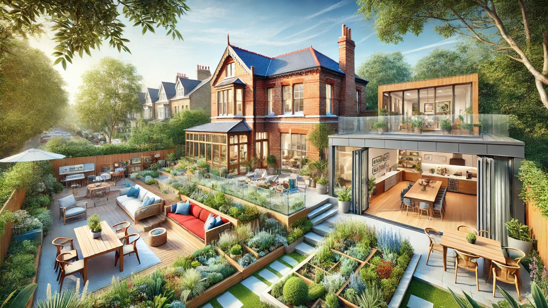 showcasing the renovated brick home with a modern addition and an updated garden