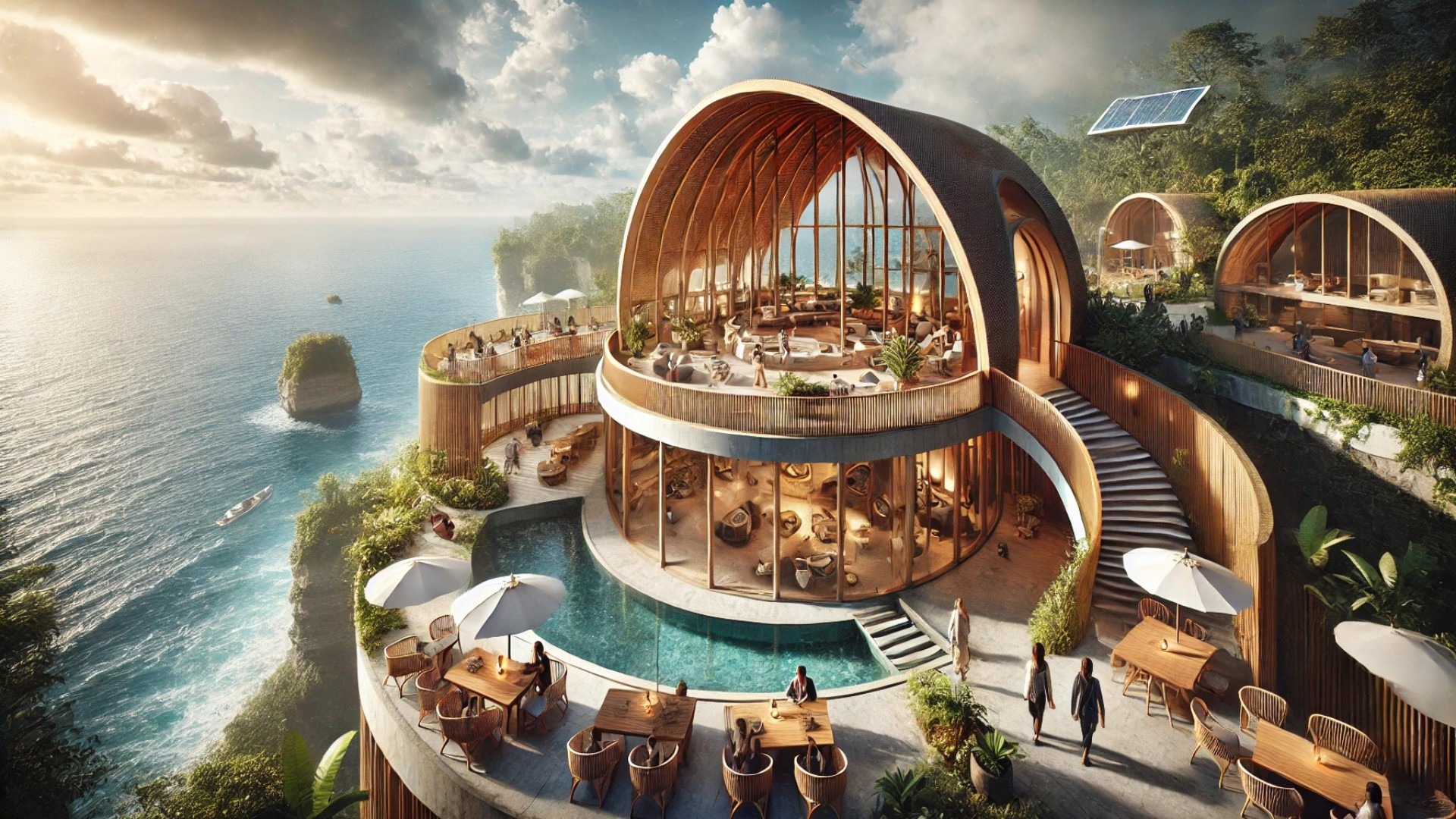 showcasing the Fish Tail Tea Room in Nusa Penida, Bali, highlighting its sustainable bamboo architecture, breathtaking ocean views, and serene tea rituals
