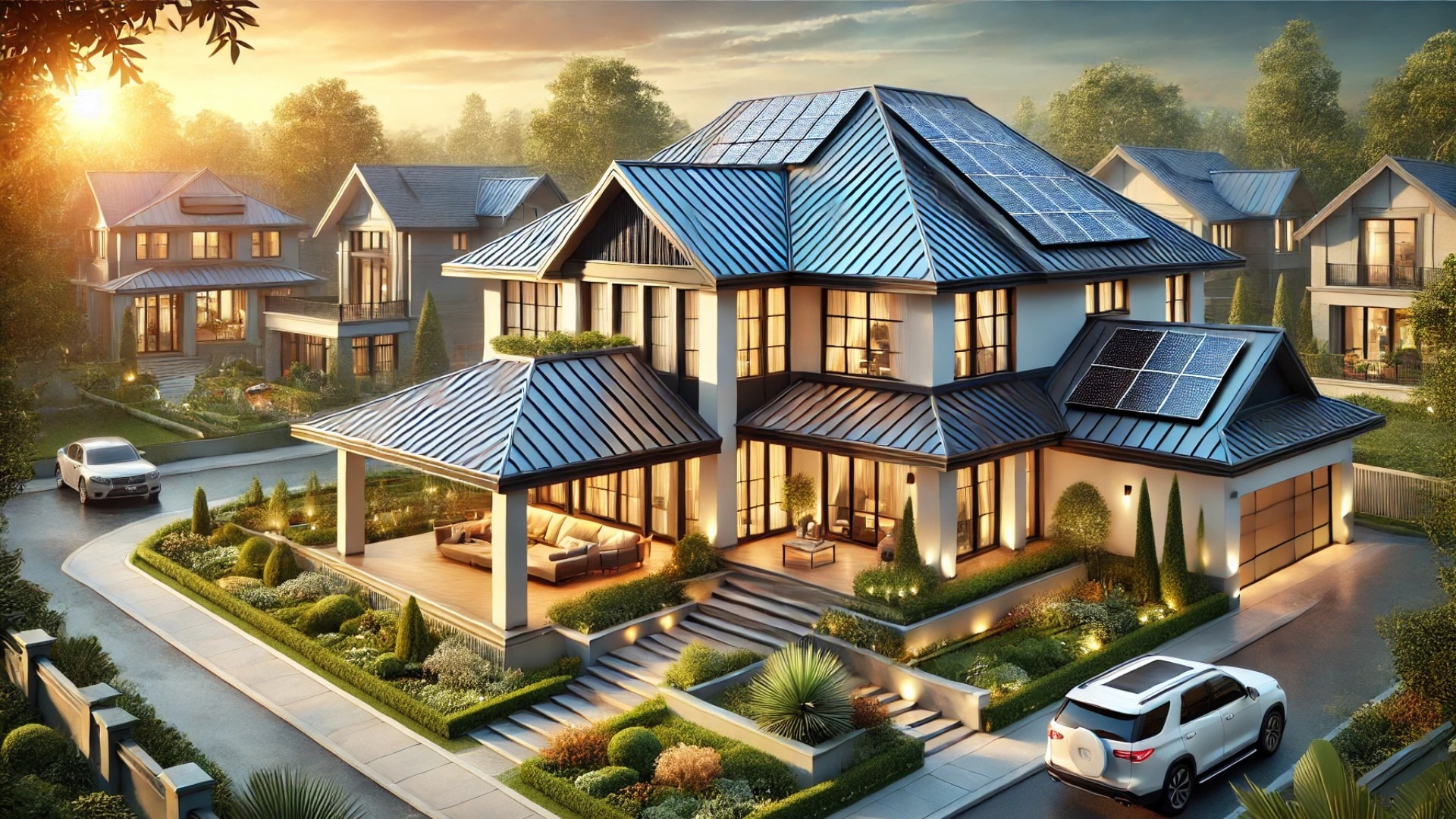 advantages of modern metal roofing, highlighting durability, energy efficiency, sustainability, and aesthetic appeal on a luxury home