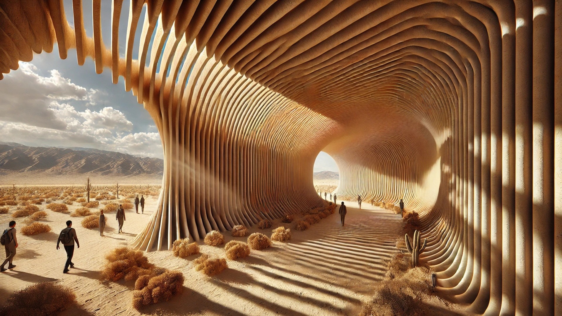 showcasing Adobe Oasis at Desert X, highlighting its 3D-printed adobe passageways, desert landscape, and fusion of ancient and modern architectural techniques