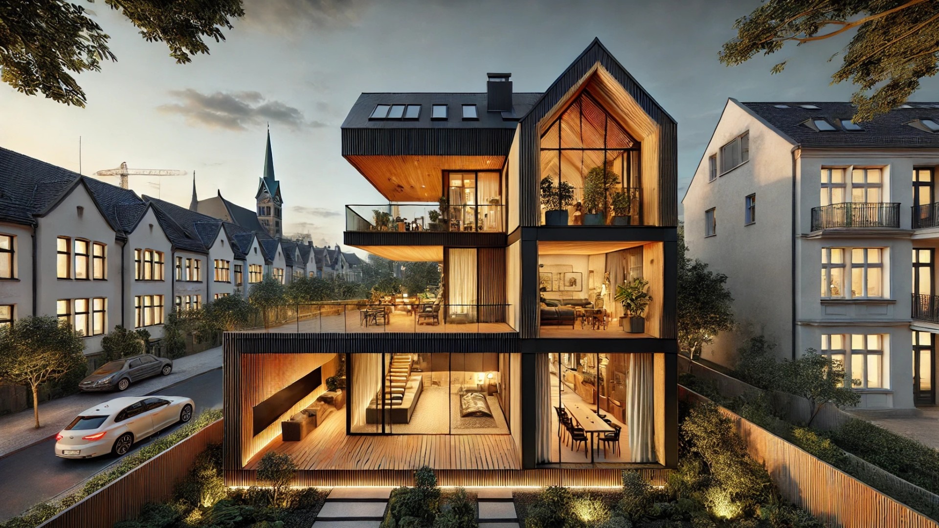 showcasing the DOPPELGIEBEL project in Leipzig, highlighting its striking dark wooden facade, sustainable Cross-Laminated Timber design, and seamless blend of history with modern architecture