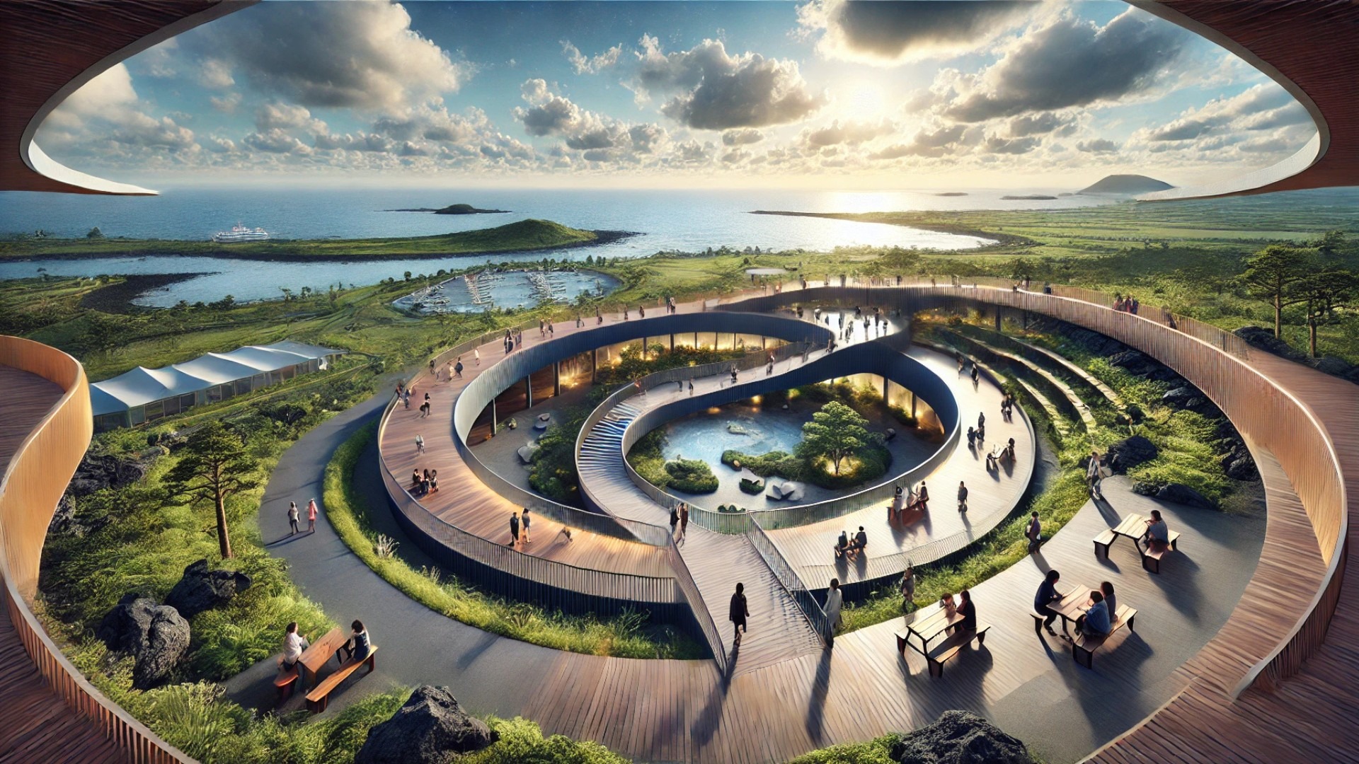 showcasing Circular Loop at Gangjeong Cruise Terminal in Jeju-do, South Korea, highlighting its graceful circular design, seamless accessibility, and harmony with the natural landscape